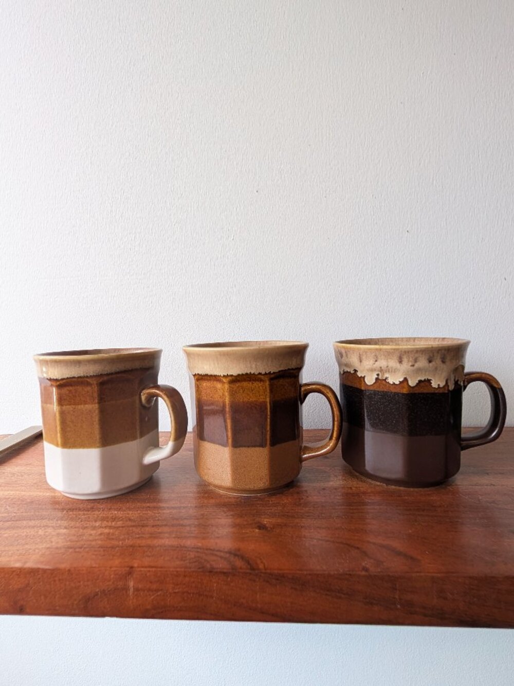 Vintage Northcraft Korea Stoneware Mugs Set of 3 MCM Brown Drip Glaze